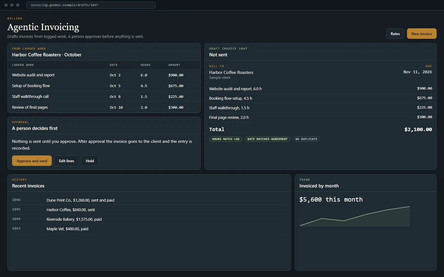 Concept mockup: Agentic Invoicing, shown with sample data.