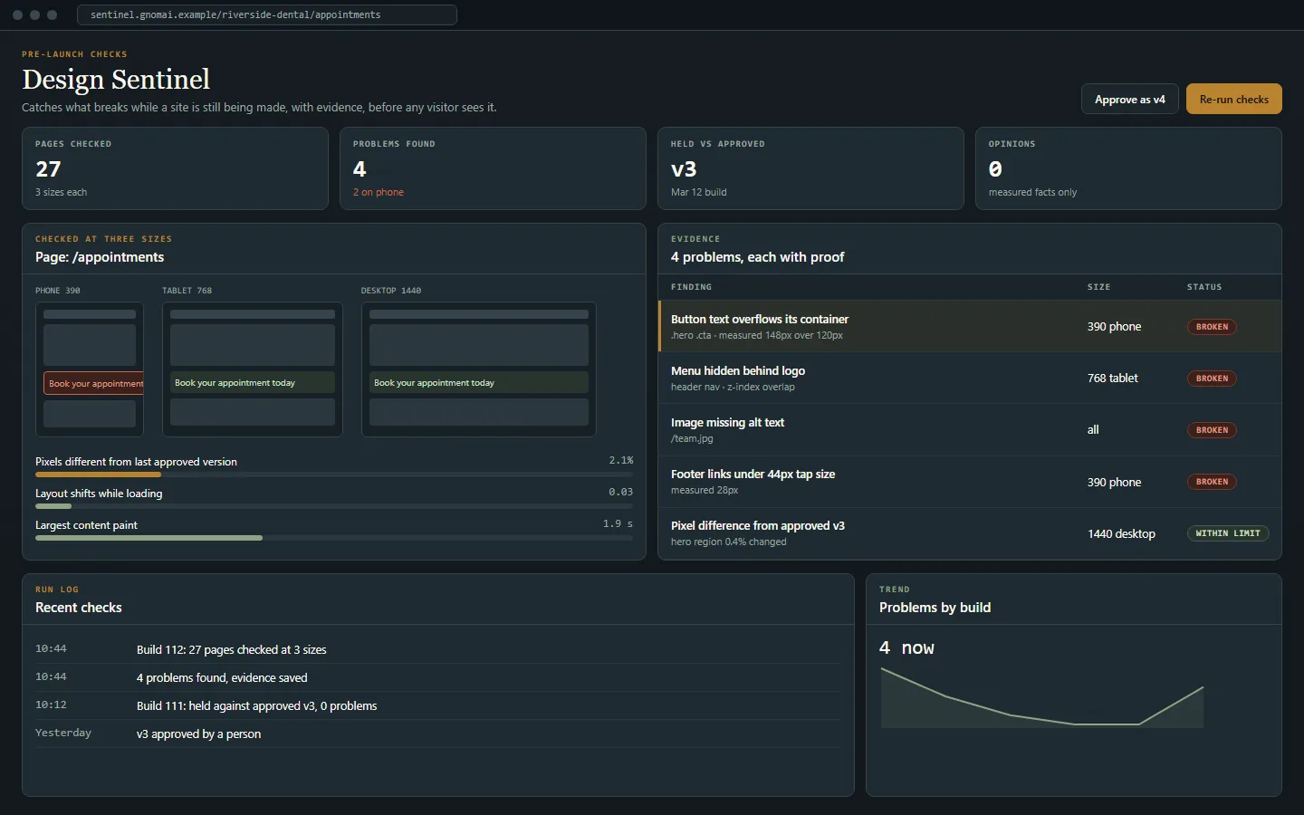 Concept mockup: Design Sentinel, shown with sample data.