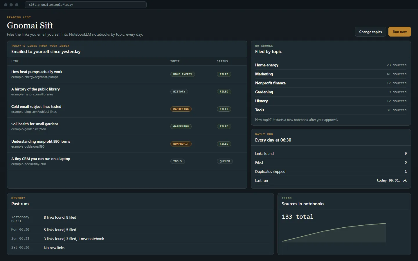 Concept mockup: Gnomai Sift, shown with sample data.