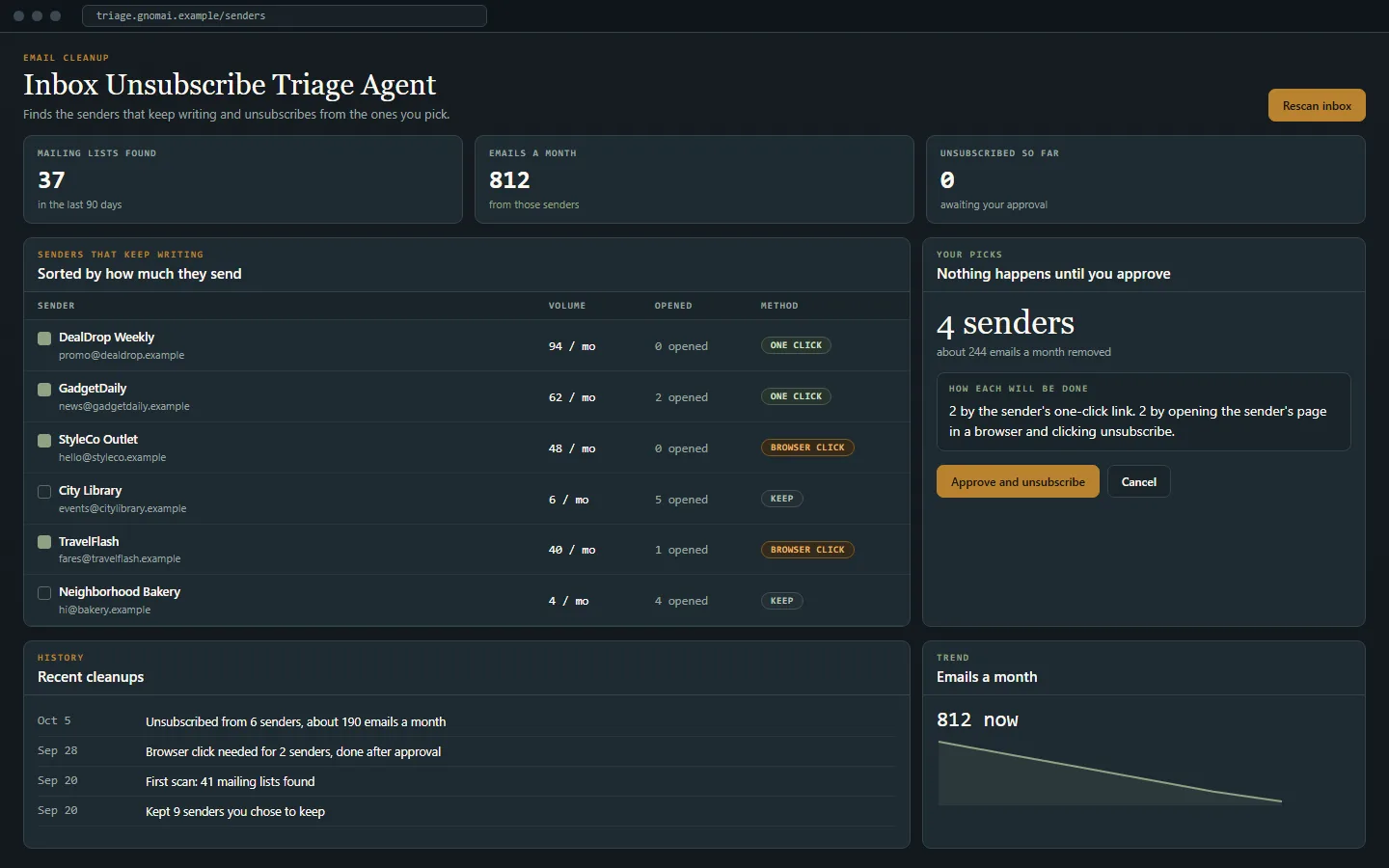 Concept mockup: Inbox Unsubscribe Triage Agent, shown with sample data.
