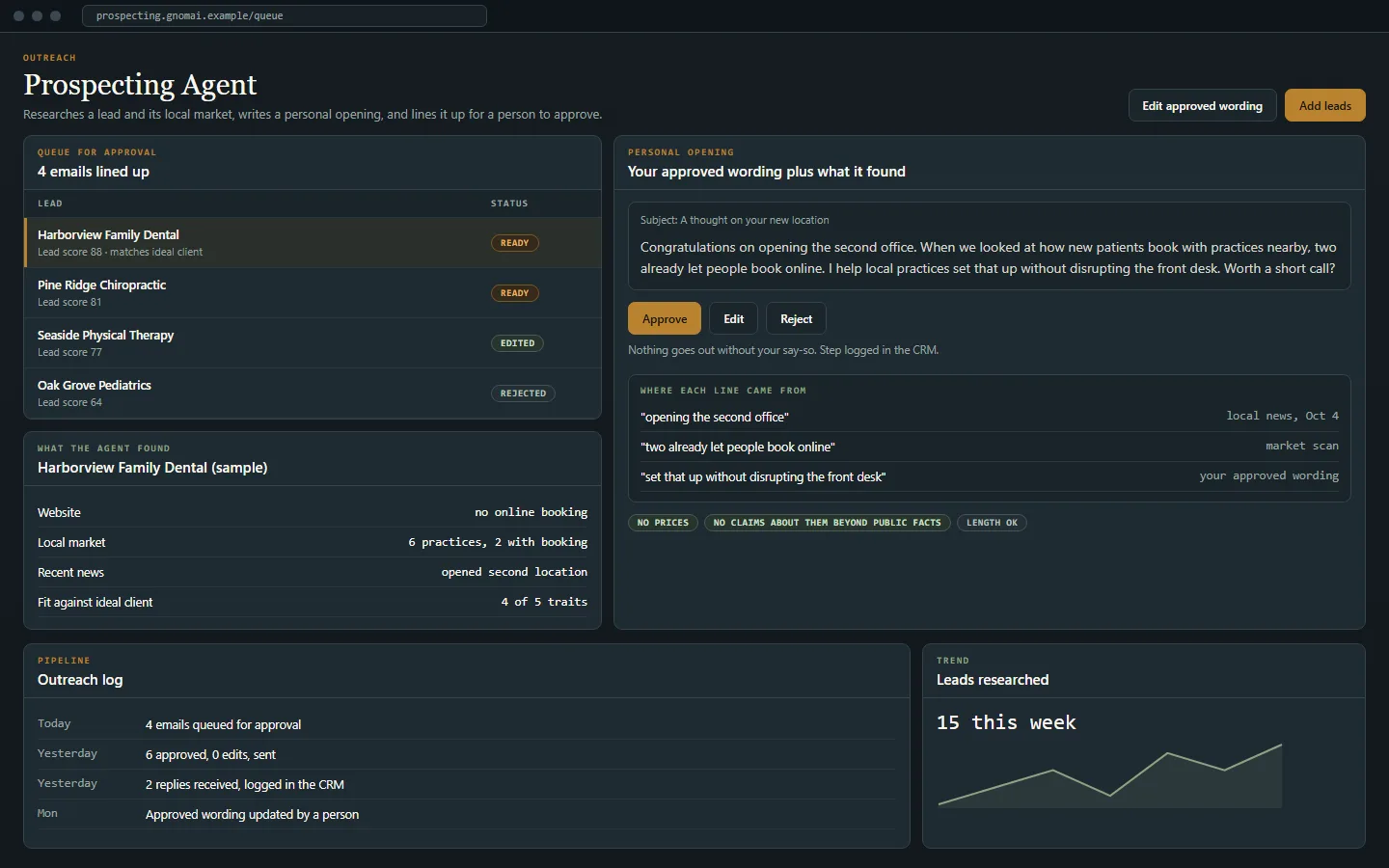 Concept mockup: Prospecting Agent, shown with sample data.