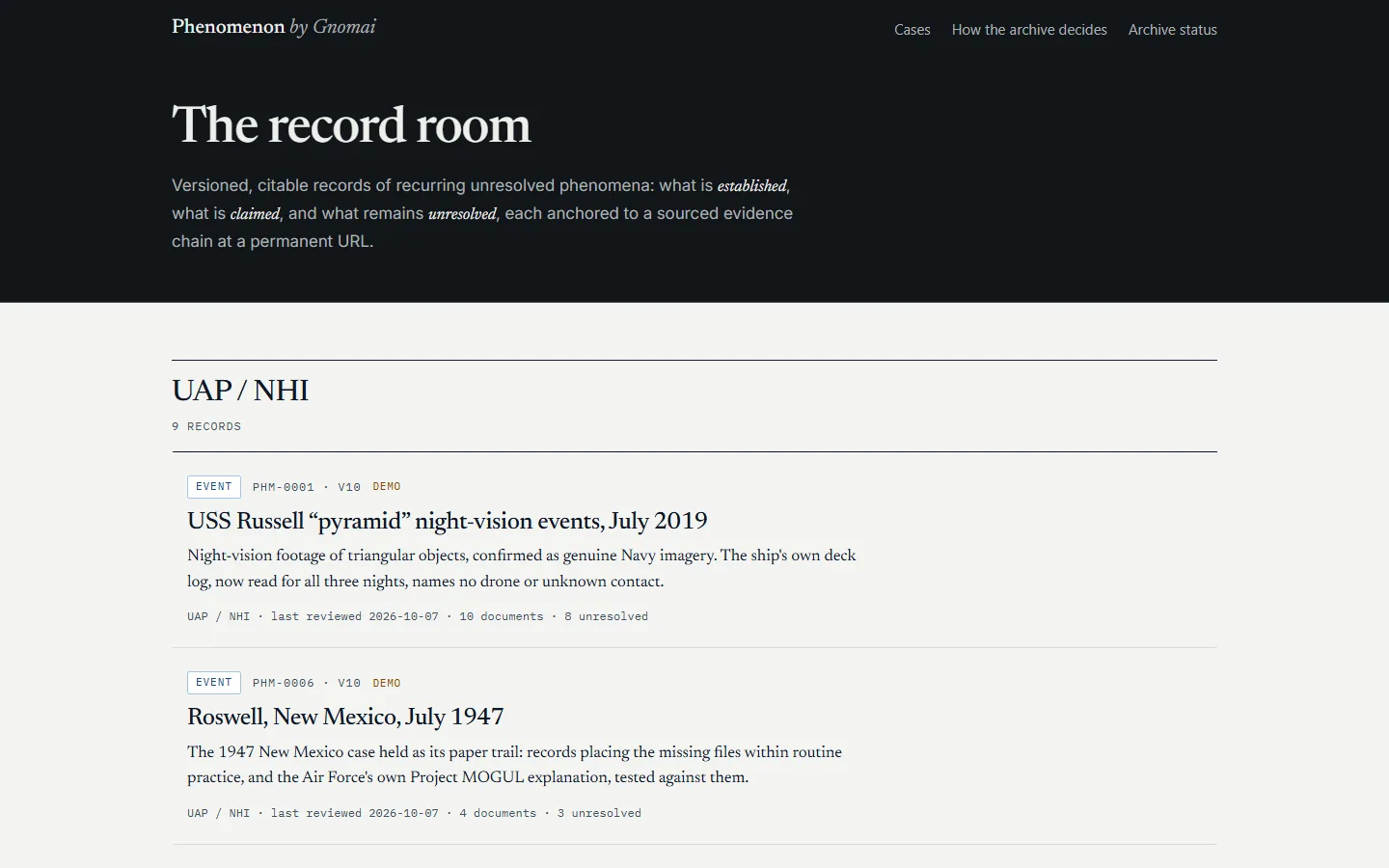 Phenomenon by Gnomai's home page, The record room: one line on how the archive works, and its first UAP records, USS Russell in 2019 and Roswell in 1947, each marked as demo.